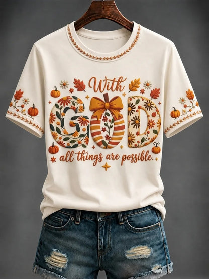 Cardydony Women's Autumn “with God All Things Are Possible.” Printed T-shirt