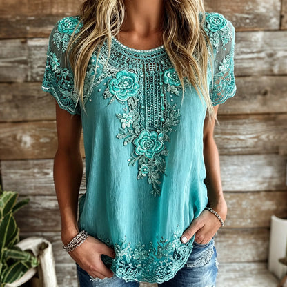 Cardydony Women's Vintage Floral Art Flowy Linen Blend Casual Tops