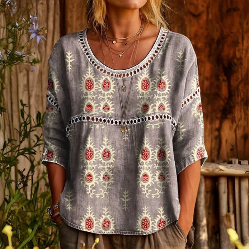 Cardydony Women's Retro Floral Art Pattern Cotton Linen Casual Round Neck T-shirt