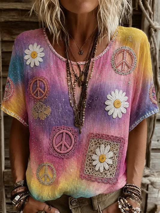 Cardydony Women's Retro Hippie Floral Art Linen Blend Short Sleeve Tops