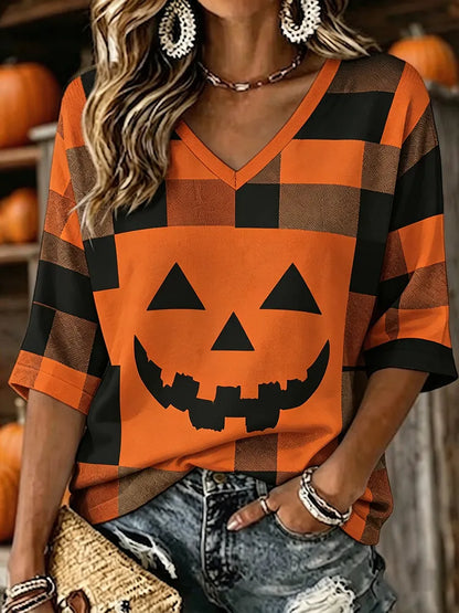 Cardydony Women's Vintage Patchwork Halloween Pumpkin Face Art Printed Mid-length Sleeves V-neck T-shirt