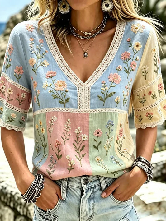 Cardydony Women's Vintage Colorful Floral Art Patchwork Casual Cotton And Linen Short Sleeve Top