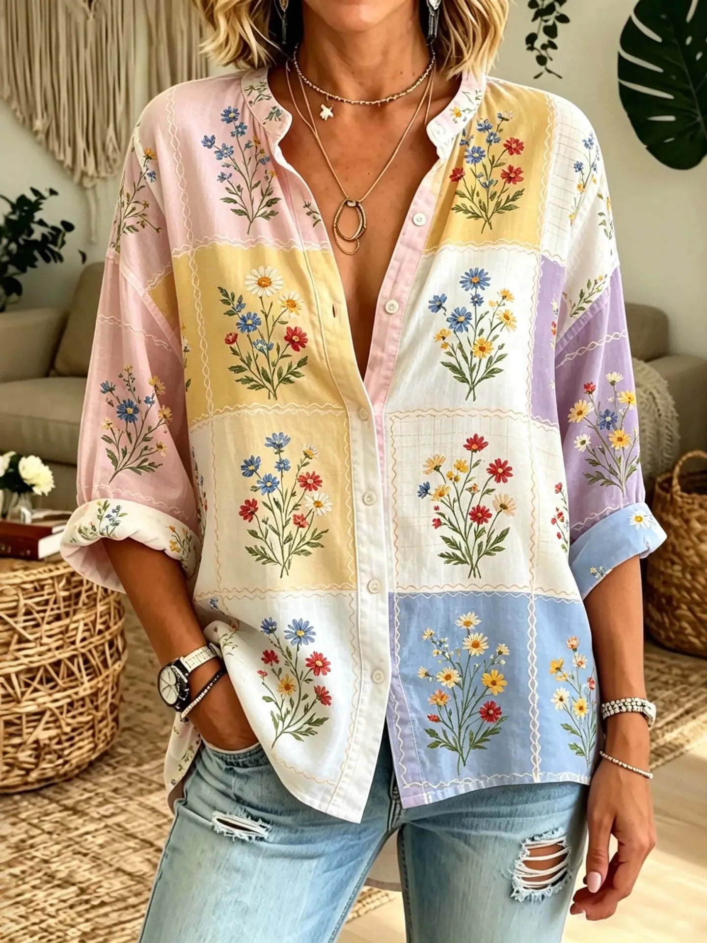 Cardydony Women's Floral Patchwork Art Print Long Sleeve Shirt
