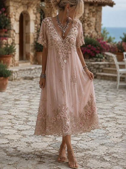 Cardydony Women's Floral Embroidered Art V-neck Short Sleeve Linen Blend Midi Dress
