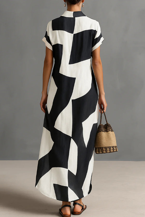 Cardydony Women's  Geometric Color-blocked Print Lapel Short-sleeved Button-down Casual Maxi Dress