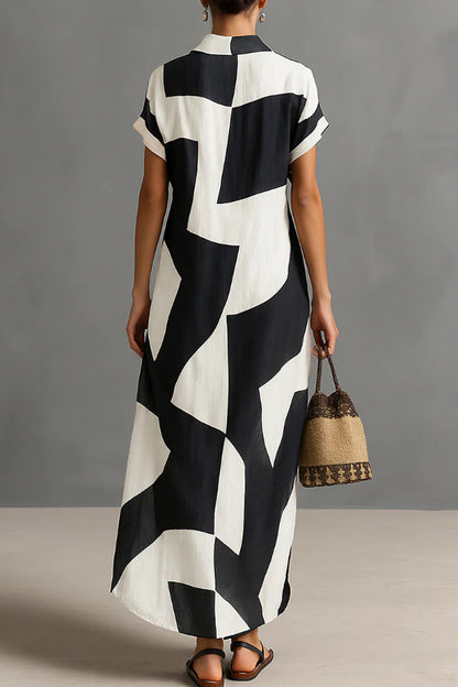 Cardydony Women's  Geometric Color-blocked Print Lapel Short-sleeved Button-down Casual Maxi Dress