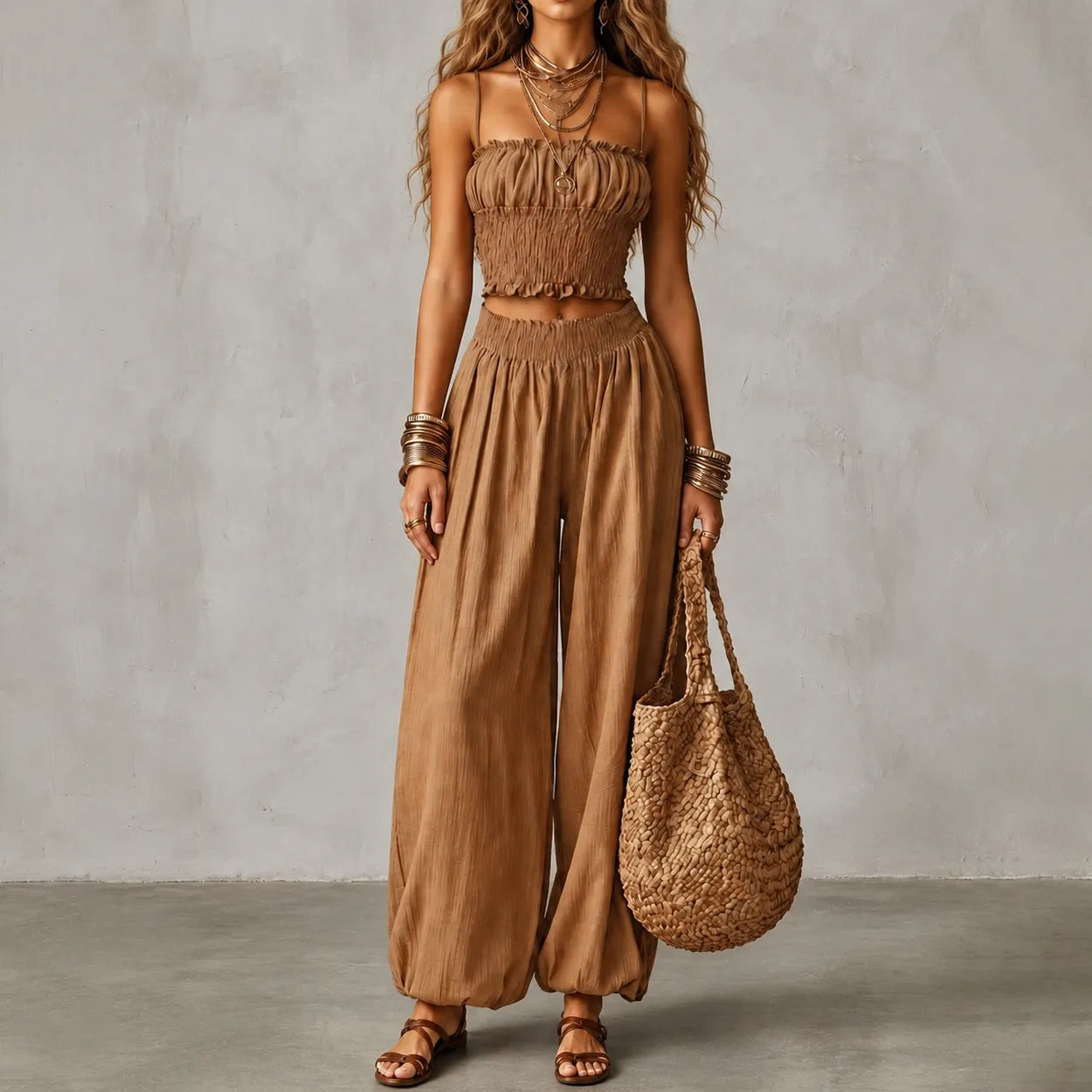 Cardydony Elegance Strapless Cropped Tank Top With Elastic Waistband Lantern Pants Two-piece Set