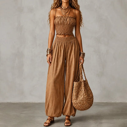 Cardydony Elegance Strapless Cropped Tank Top With Elastic Waistband Lantern Pants Two-piece Set