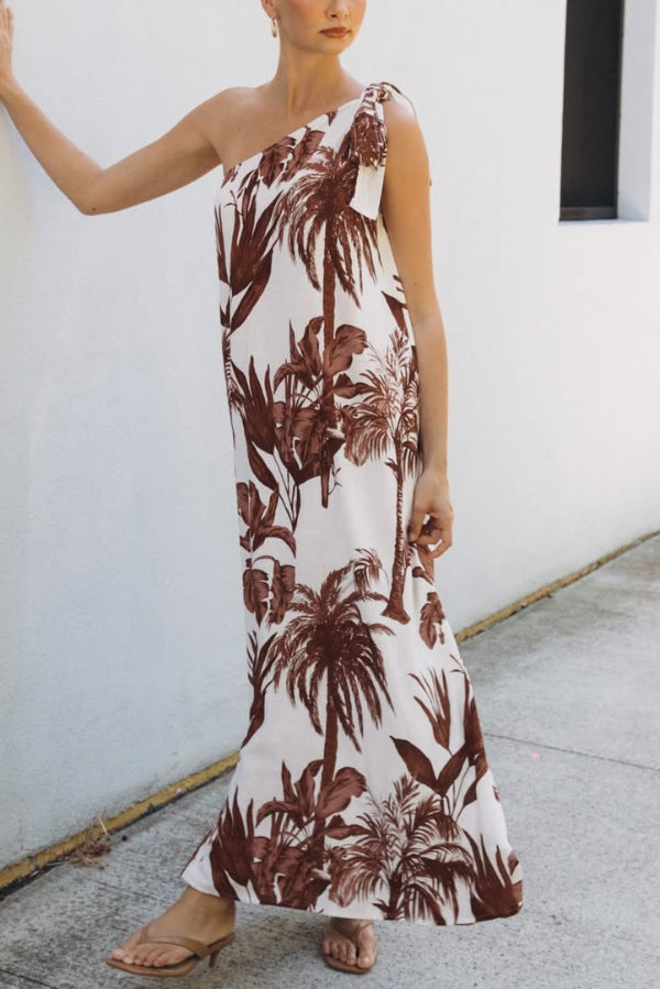 Cardydony Women's Botanical Print Sleeveless One-shoulder Casual Vacation Maxi Dress