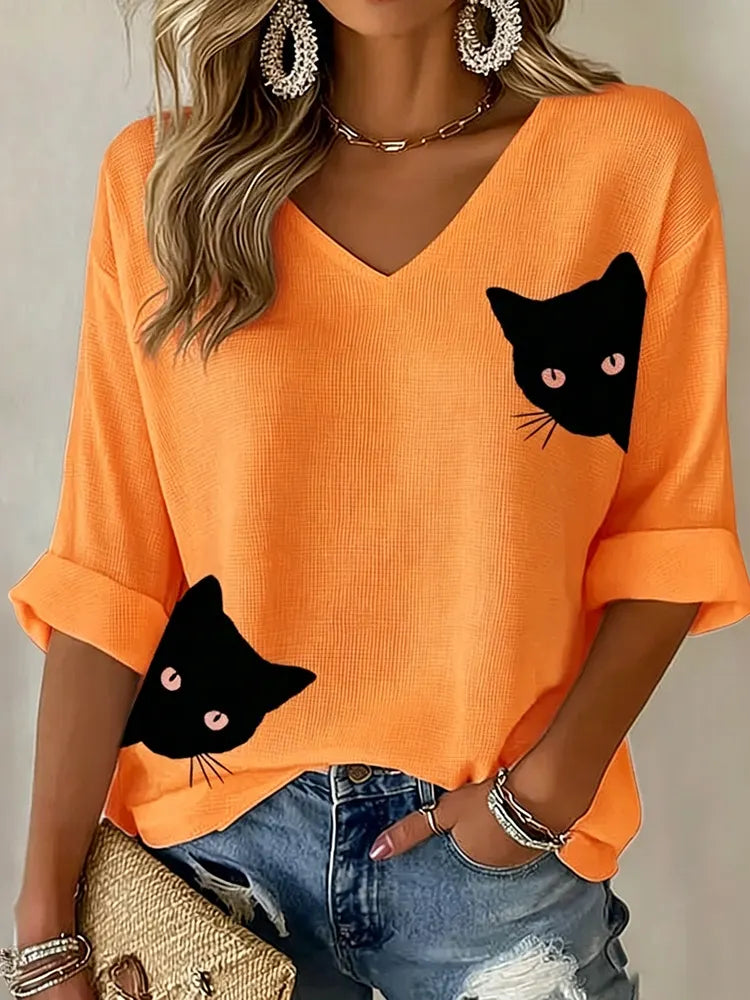 Cardydony Women's Black Cat Print Three-quarter Sleeve T-shirt