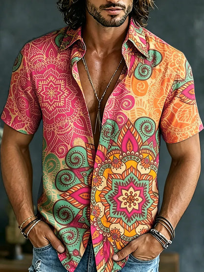 Cardydony Men's Retro Hippie Pattern Short-sleeve Cotton Linen Shirt
