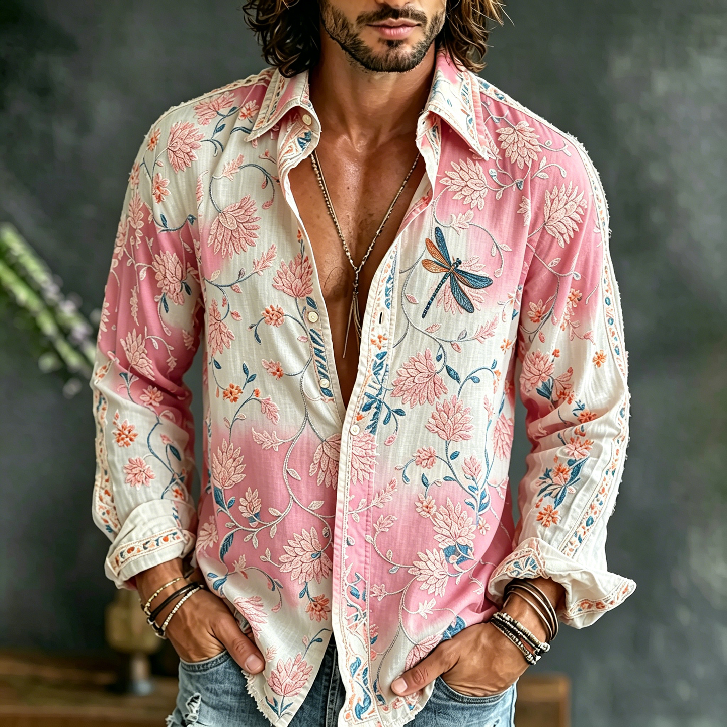 Cardydony Men's Vintage Floral Embroidered Art Print Flowy Linen Blend Casual Shirt