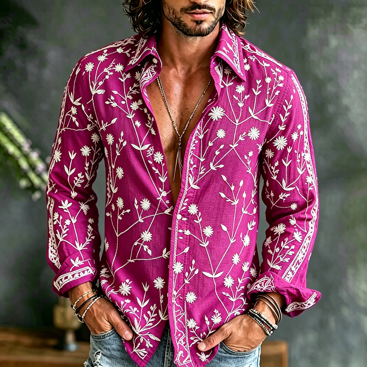 Cardydony Men's Spring Summer Floral Embroidered Art Print Flowy Linen Blend Shirt