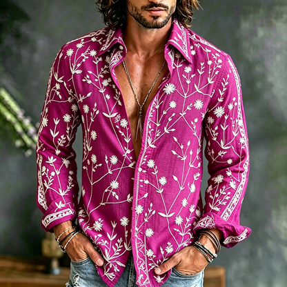 Cardydony Men's Spring Summer Floral Embroidered Art Print Flowy Linen Blend Shirt