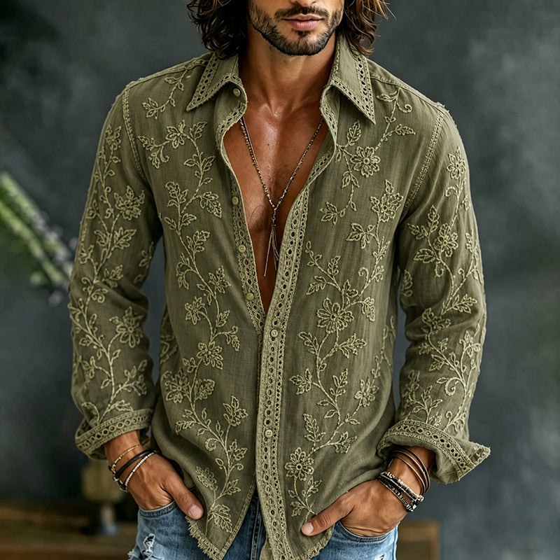 Cardydony Men's Vintage Floral Art Cotton Linen Long-sleeved Shirt