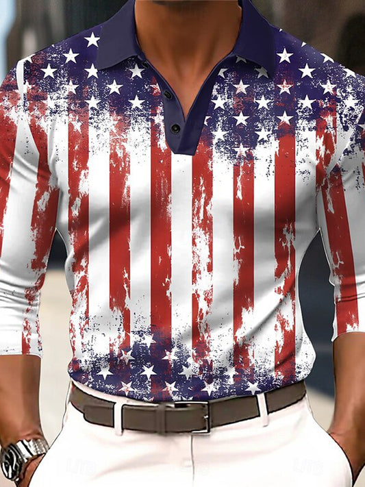 Cardydony Men's Casual American Us Flag Long Sleeve Polo Shirt