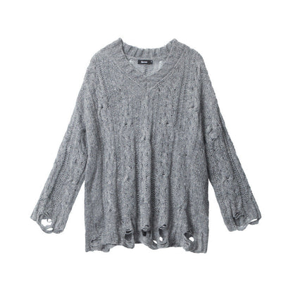 Cardydony Women's Oversized Cable Knit Sweater | Distressed V-Neck Pullover