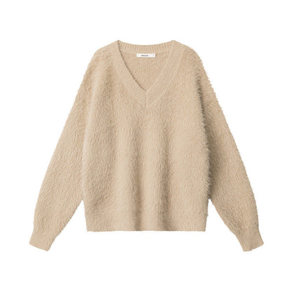 Cardydony Women's Fluffy V-Neck Sweater | Soft Fuzzy Winter Pullover