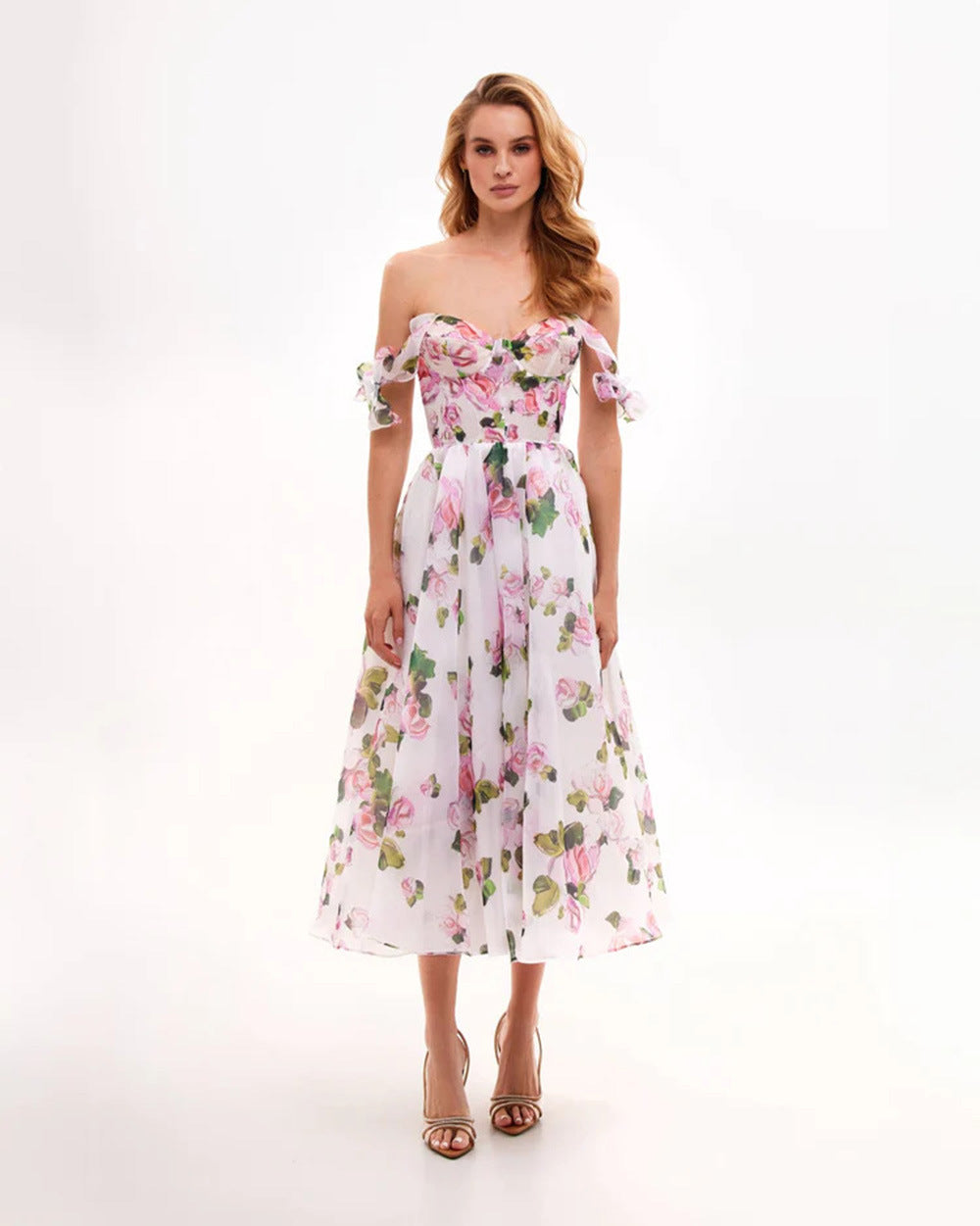 Cardydony Women's Chic Floral Organza Midi Dress with Delicate Bow Straps