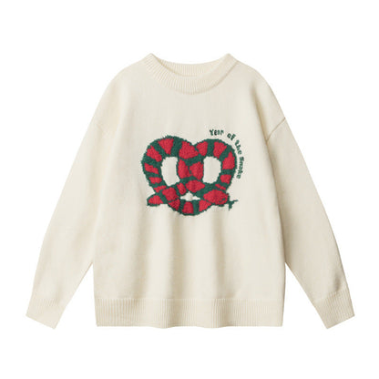 Cardydony Women's Retro Pretzel Embroidered Sweater | Oversized Pullover