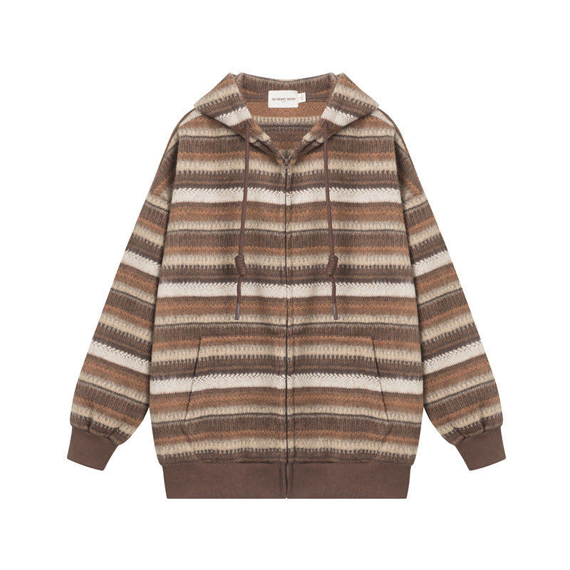 Cardydony Women's Vintage Striped Knitted Hooded Jacket