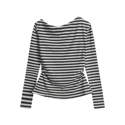 Cardydony Women's Off-Shoulder Striped Top | Cotton Long Sleeve Casual Tee