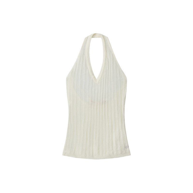 Cardydony Women's White Tank Top｜Commuter Style Knit Halter Neck Slim Fit