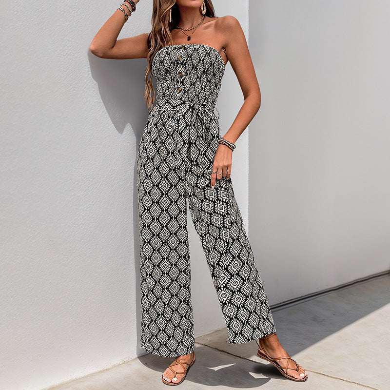 Cardydony Women's Strapless Wide-Leg Jumpsuit | Boho Smocked Summer Romper