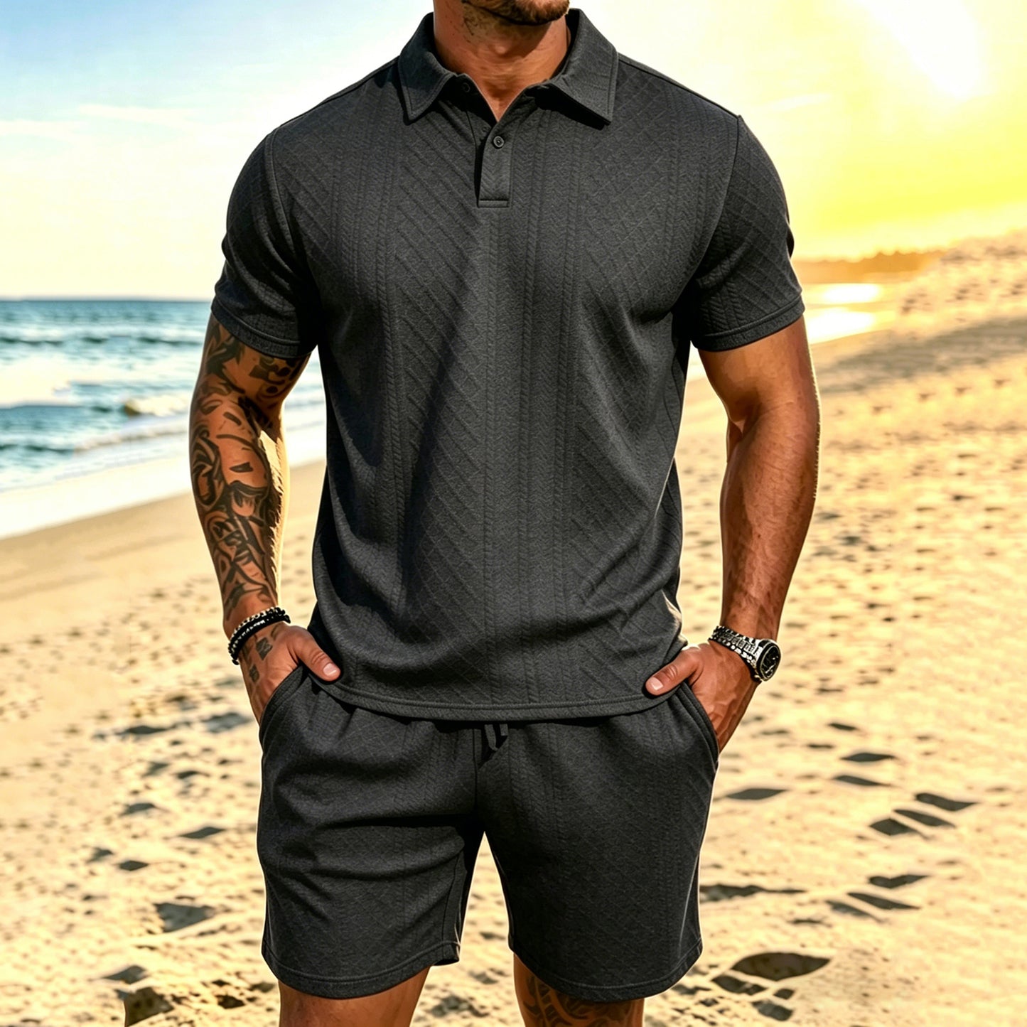 Cardydony Men's Leisure Textured Polo Shirt And Shorts Two Piece Set