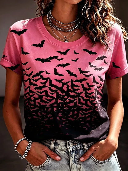 Cardydony Women's Bohemian Halloween Bat Print T-shirt