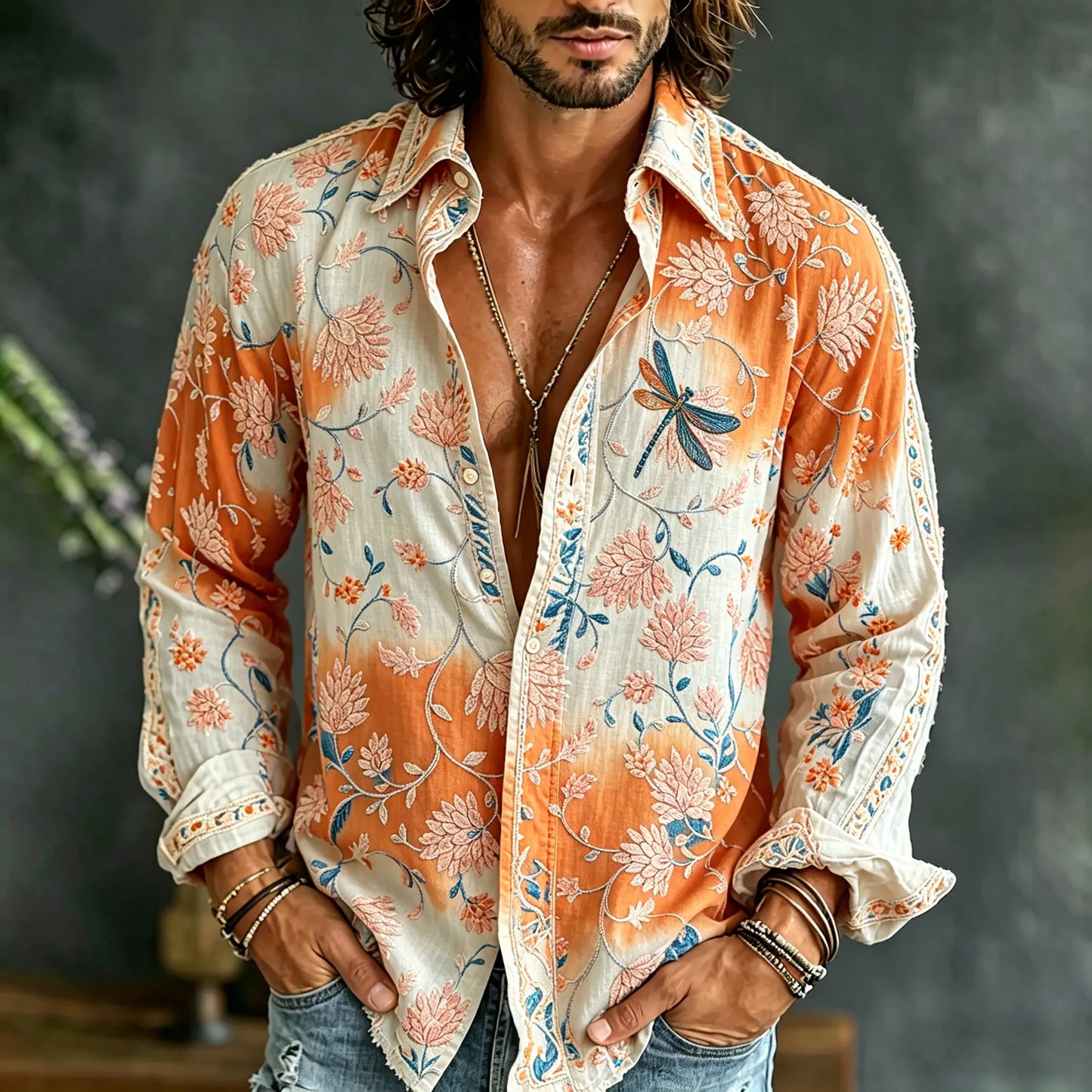 Cardydony Men's Vintage Floral Embroidered Art Print Flowy Linen Blend Casual Shirt