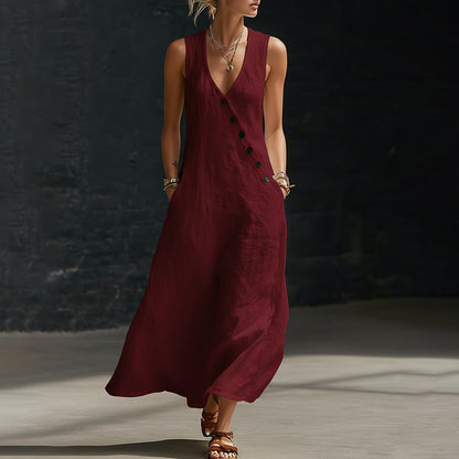 Cardydony Women's Retro Casual Button Design Linen Blend Maxi Dress