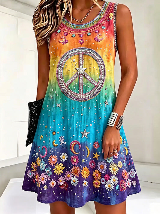 Cardydony Women's Retro Hippie Floral Art Linen Blend Crew Neck Midi Tank Dress