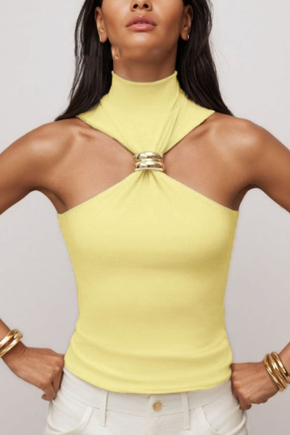 Cardydony Women's  Solid Color Sleeveless Off-shoulder Embellished Slim Stretch Top