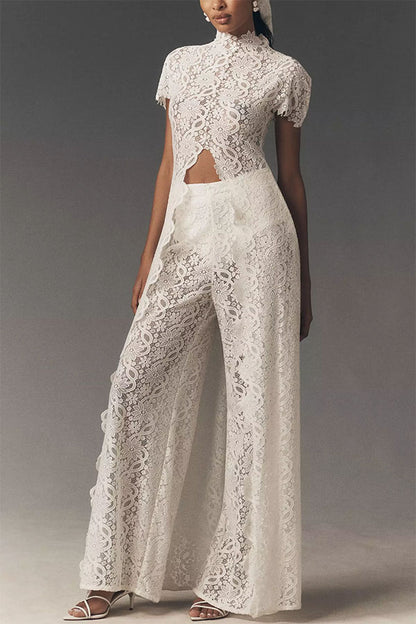 Cardydony Women's Elegance Avant-garde Floral Lace Short Sleeve High Low Top and High Rise Wide Leg Pants Set
