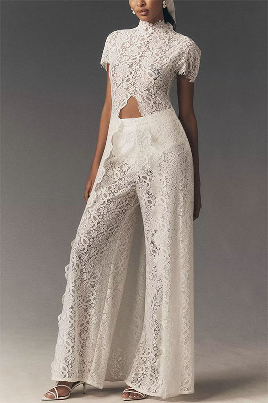 Cardydony Women's Elegance Avant-garde Floral Lace Short Sleeve High Low Top and High Rise Wide Leg Pants Set