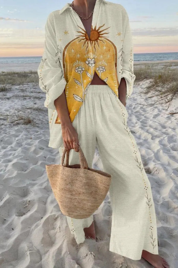 Cardydony Women's Sun-drenched Print Oversized Shirt and Elastic Waist Pocket Pants Set