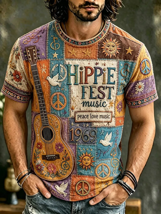 Cardydony Men's Peace Sign And Guitar Hippie Patchwork Print T-shirt