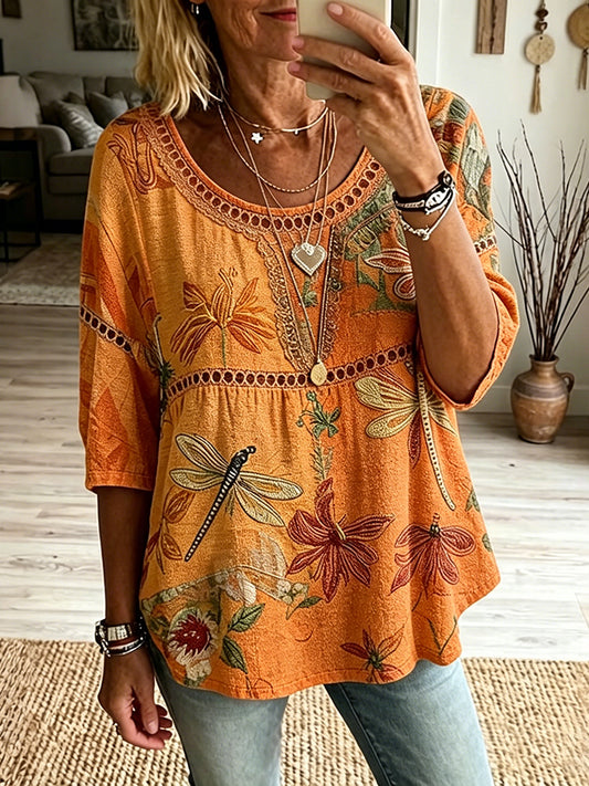 Cardydony Women's Bohemian Vintage Dragonfly And Floral Art Print Flowy Linen Blend Casual Tops