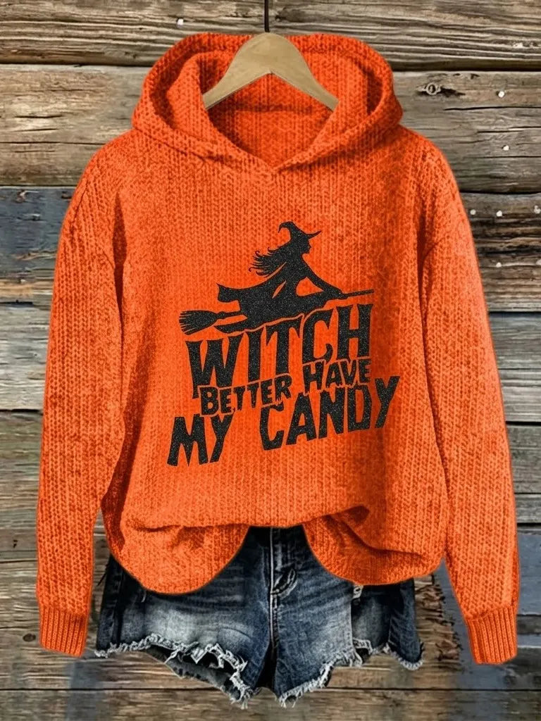 Cardydony Women's Retro Halloween Theme Witch Print Sweater