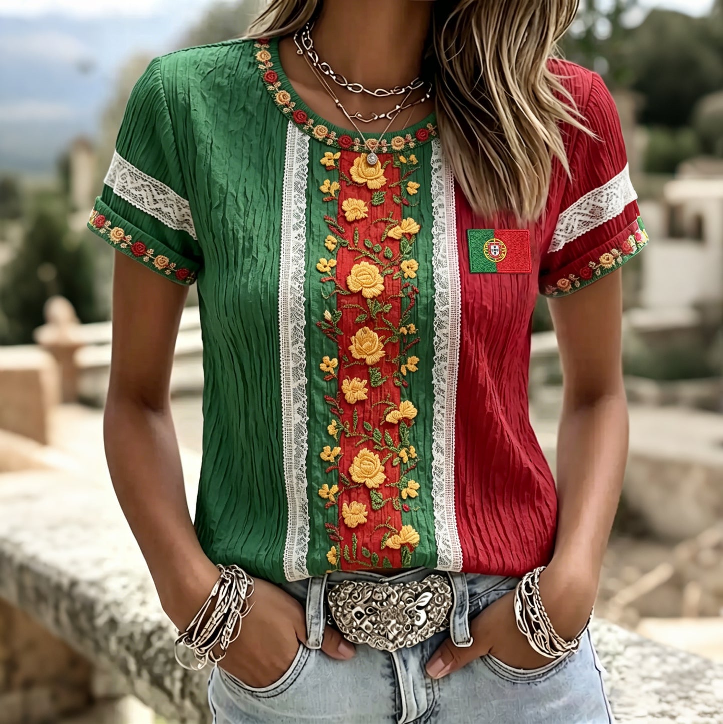Cardydony Women's Retro Floral Embroidered Patchwork Art Crew Neck Short Sleeve T-shirt