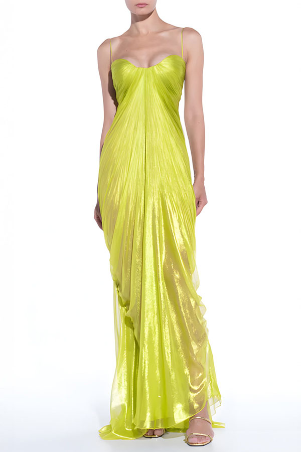 Cardydony Women's Victoria Shimmering and Flowing Pleated Fabric Back Lace-up Drape Maxi Dress
