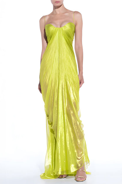 Cardydony Women's Victoria Shimmering and Flowing Pleated Fabric Back Lace-up Drape Maxi Dress