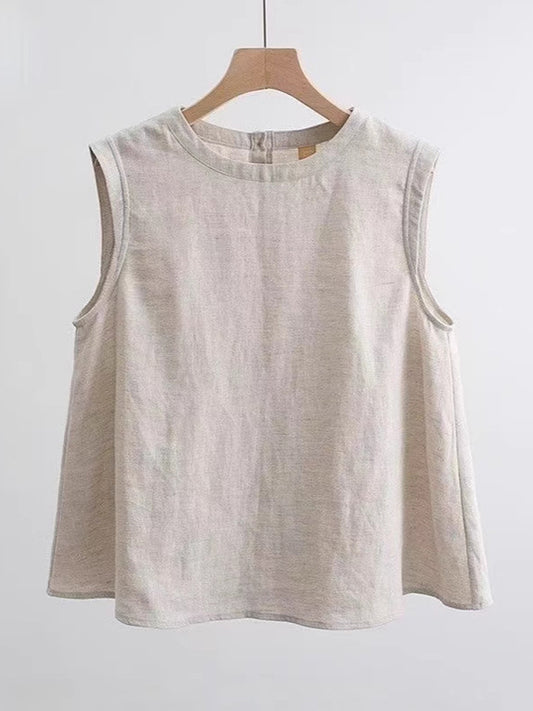 Cardydony Vintage Solid Color Round Neck Linen Tank Top