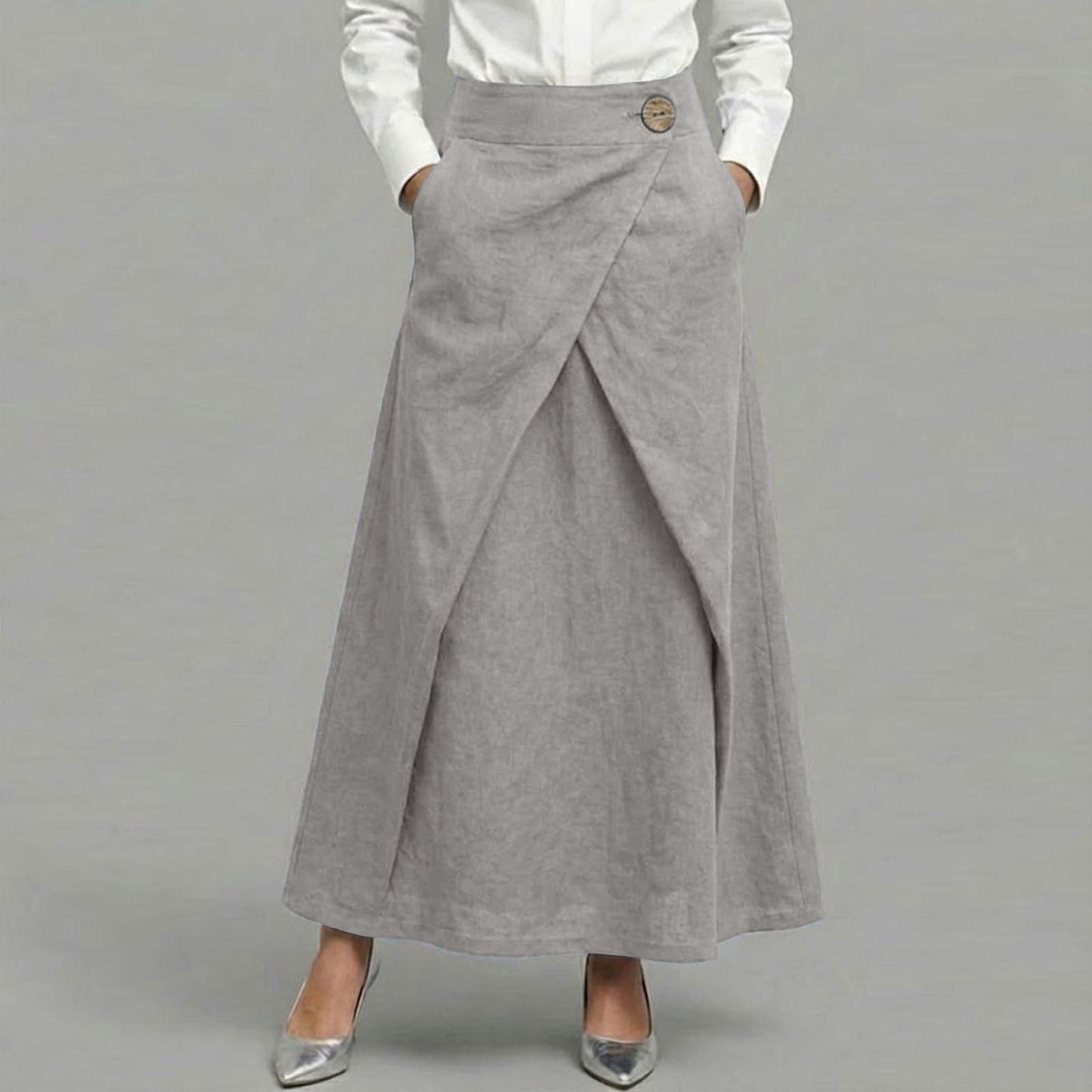 Cardydony Women's Casual Retro Slanted Button Cotton And Linen Skirt