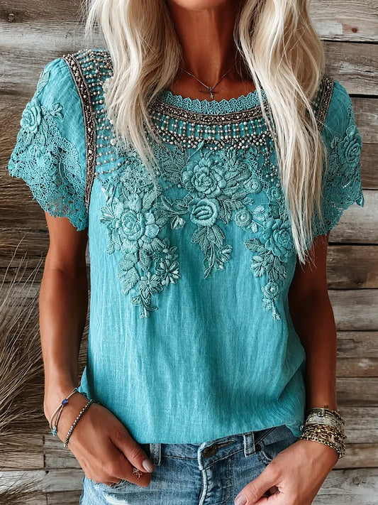 Cardydony Women's Vintage Floral Art Cotton And Linen Crew Neck Short-sleeved Top
