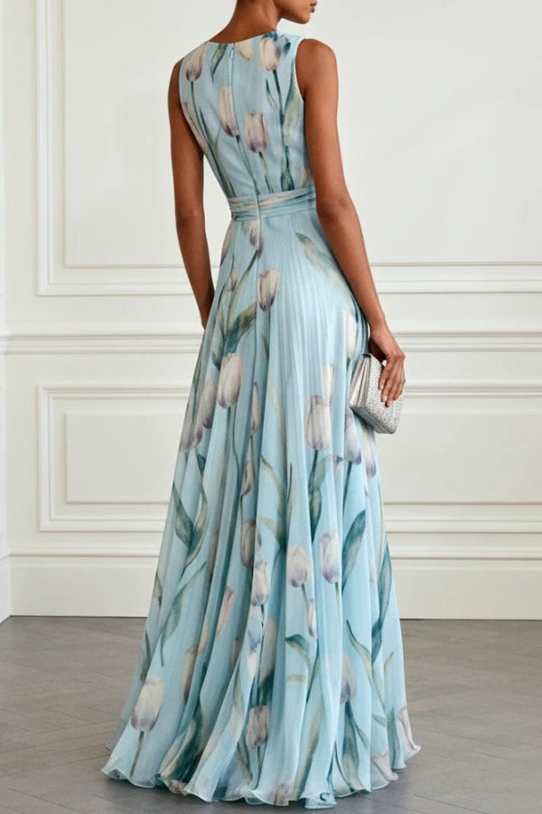 Cardydony Women's  Tulip Print V-Neck Sleeveless Elegant Waist-Defining Maxi Dress