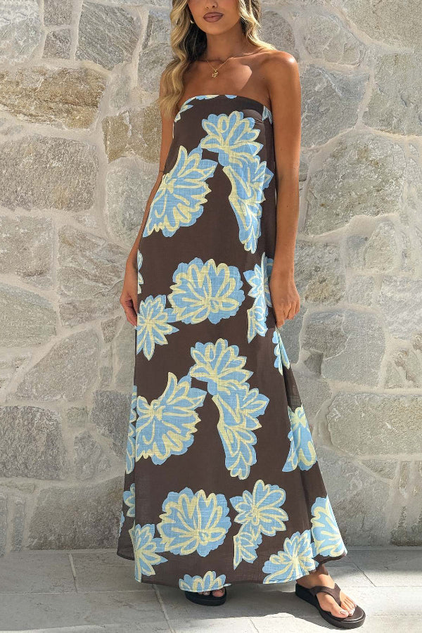 Cardydony Women's Flowers Print Sleeveless Off-shoulder Resort-style Loose Maxi Dress