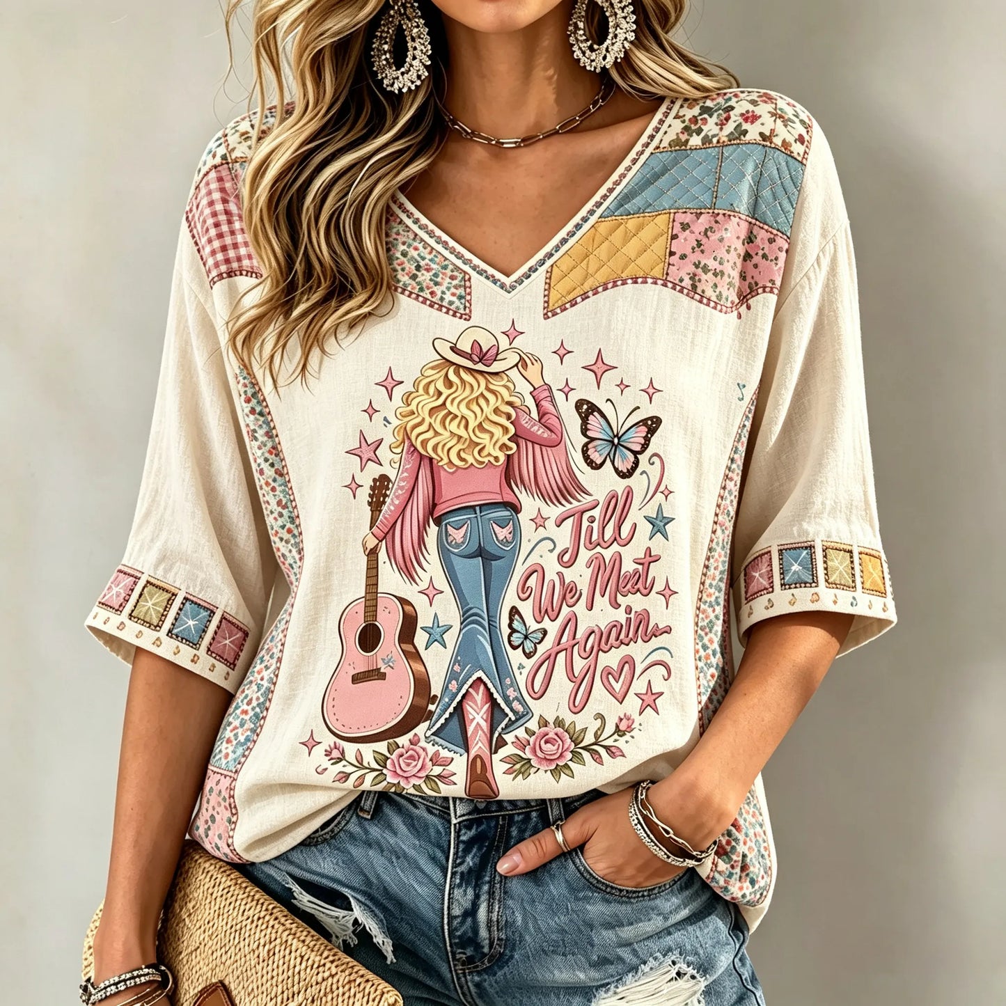 Cardydony Vintage Till We Meet Again Pink Casual Printed Mid-length Sleeves V-neck T-shirt