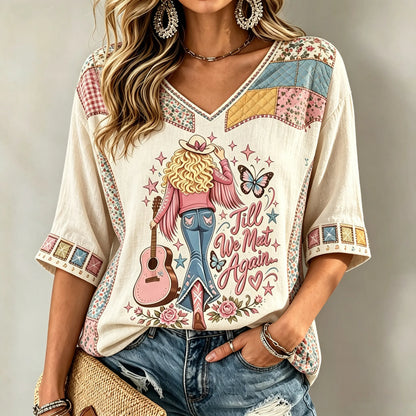 Cardydony Vintage Till We Meet Again Pink Casual Printed Mid-length Sleeves V-neck T-shirt